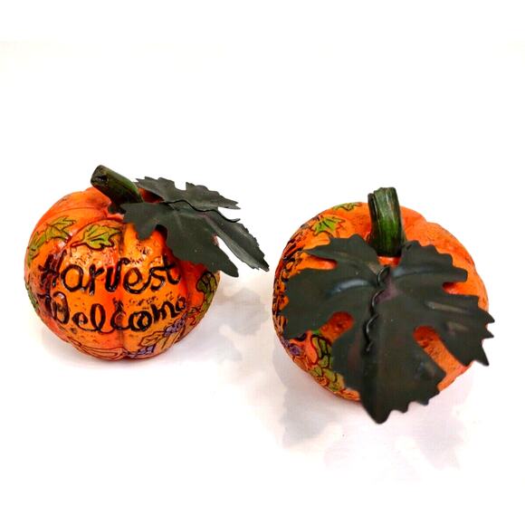 Set Resin Pumpkin Figurines w/ Metal Leaves Carved Harvest Welcome Fall Decor - Picture 4 of 7